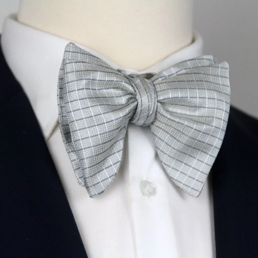 Men's 100% Silk Self-Tied Bow Tie Big Butterfly Blue Micro Plaid Made USA‎ S724